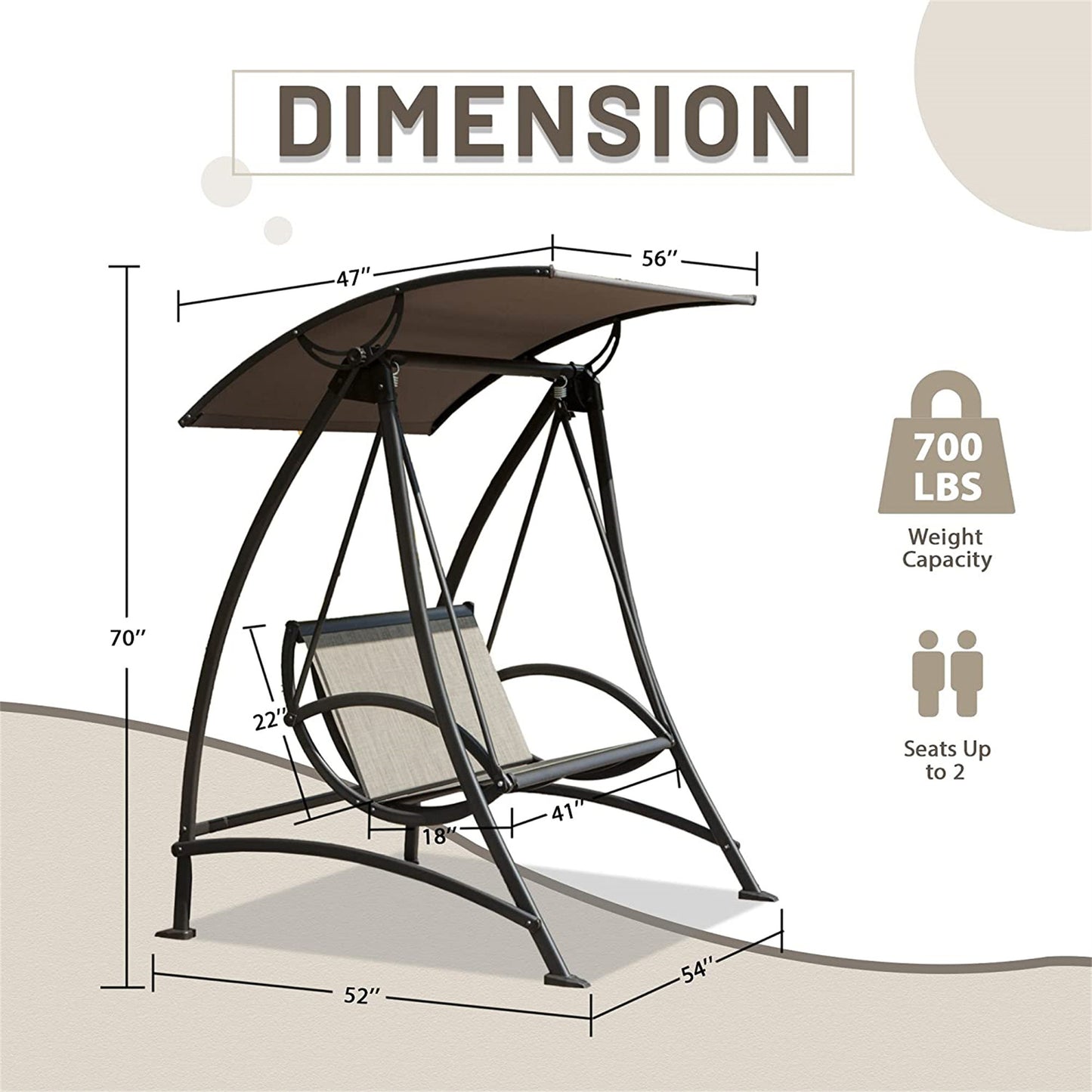 2-Seat Patio Chair, Outdoor Porch Swing, Adjustable Canopy