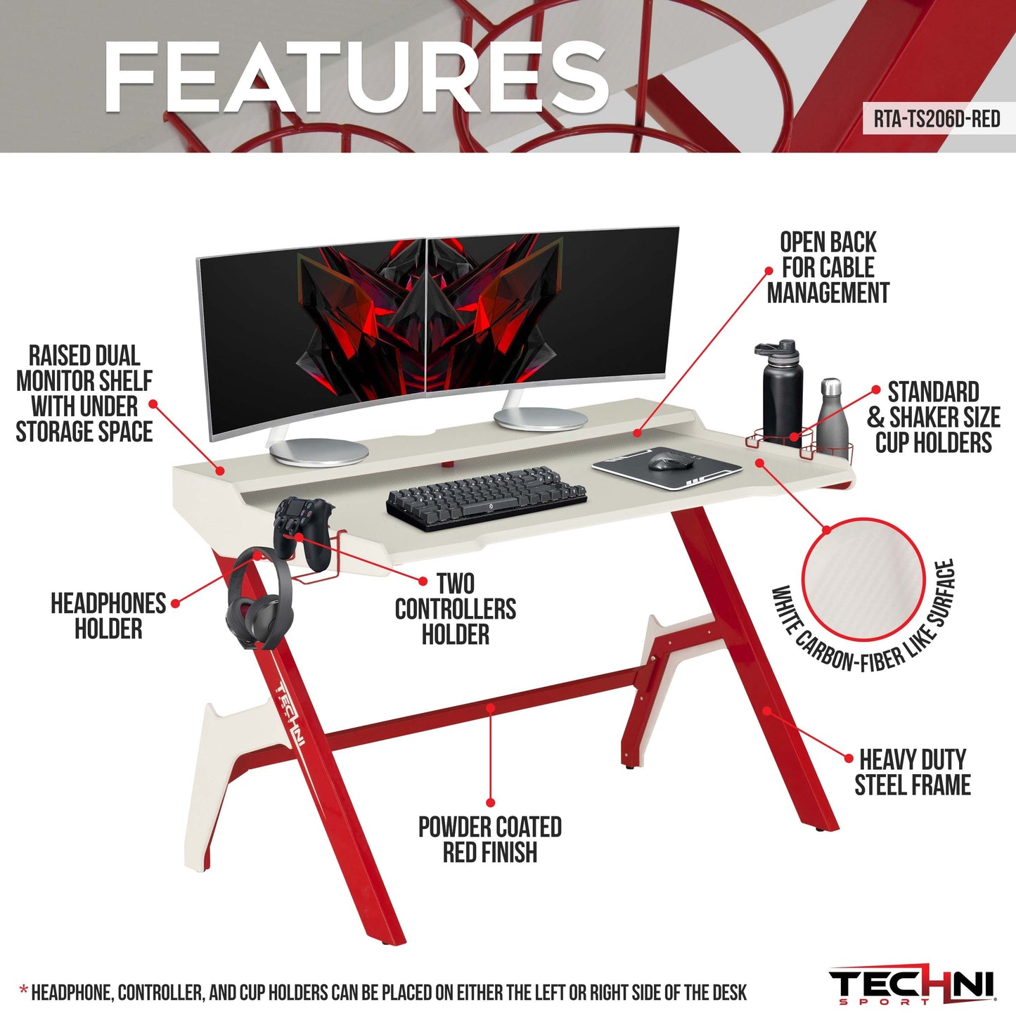 Ergonomic Computer Gaming Desk Workstation, Cupholder, Headphone Hook,