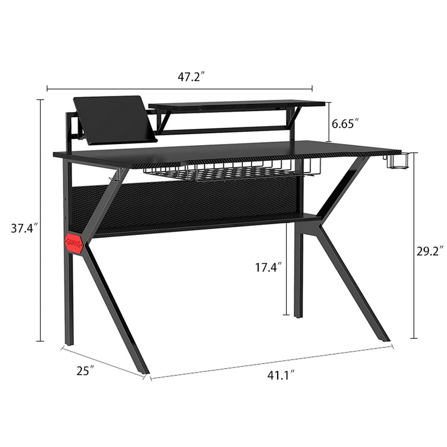 Ergonomic Metal Frame Gaming Desk with K Shape Legs, Black
