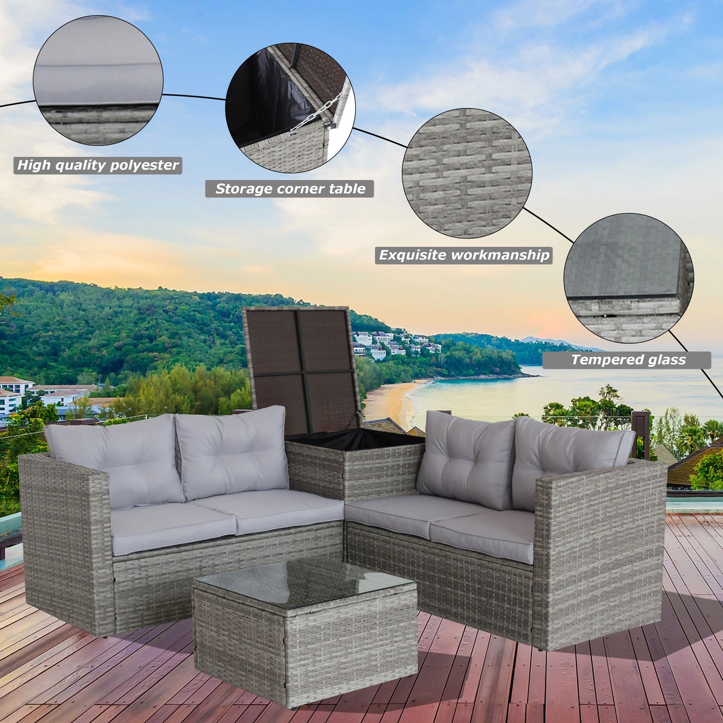4 Piece Patio Sectional Outdoor Furniture Sofa Set, Storage