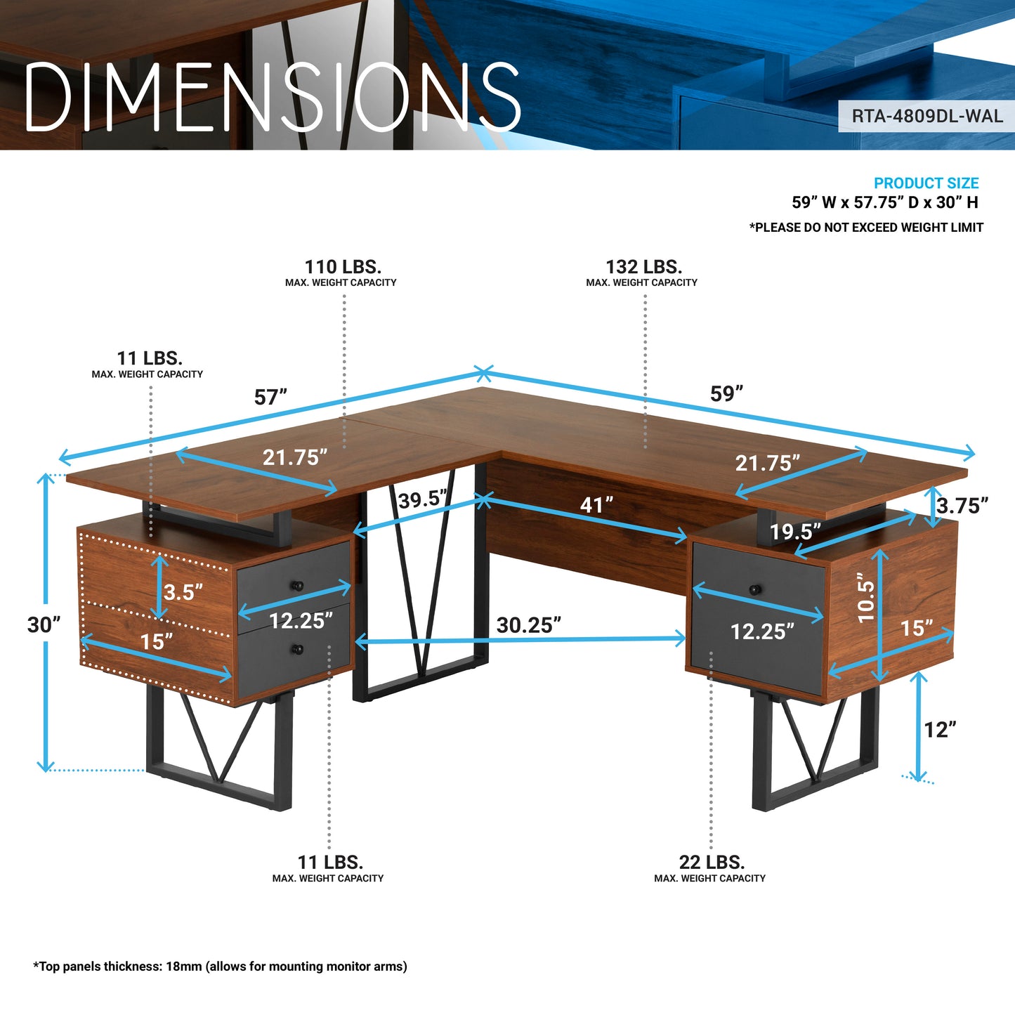 L-Shape Computer Desk, Drawers and File Cabinet, Walnut
