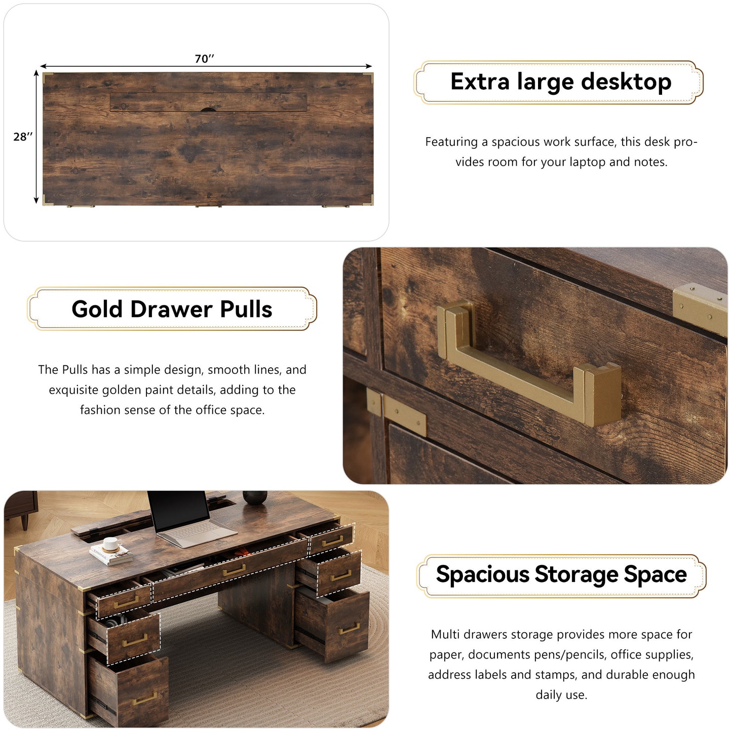 Executive Desk Metal Edge with 2 file drawers, USB Ports and Outlets