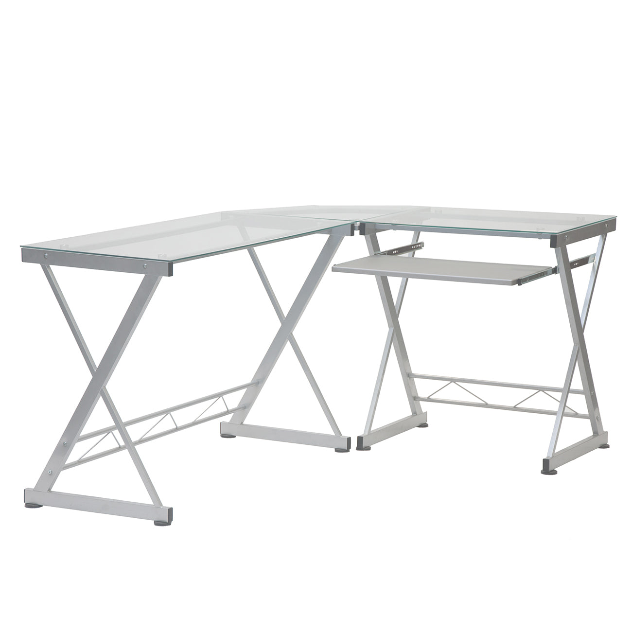 L-Shaped Tempered Glass Top Computer Desk, Pull Out Keyboard Panel