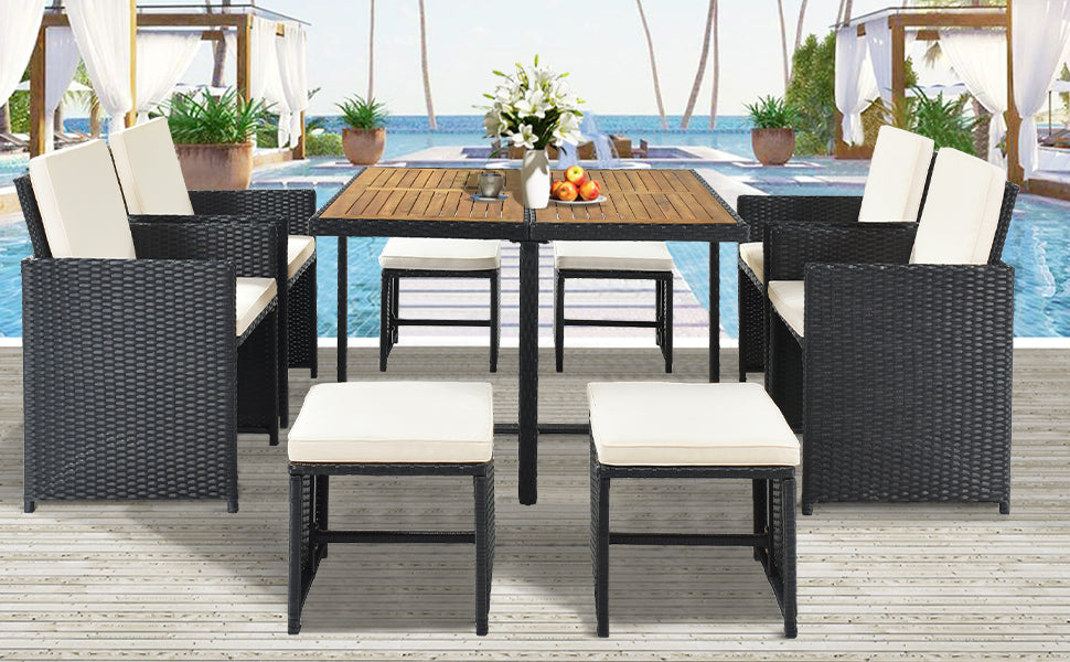 9-Piece Dining Set, Wood Tabletop, Black Rattan, Beige Cushion