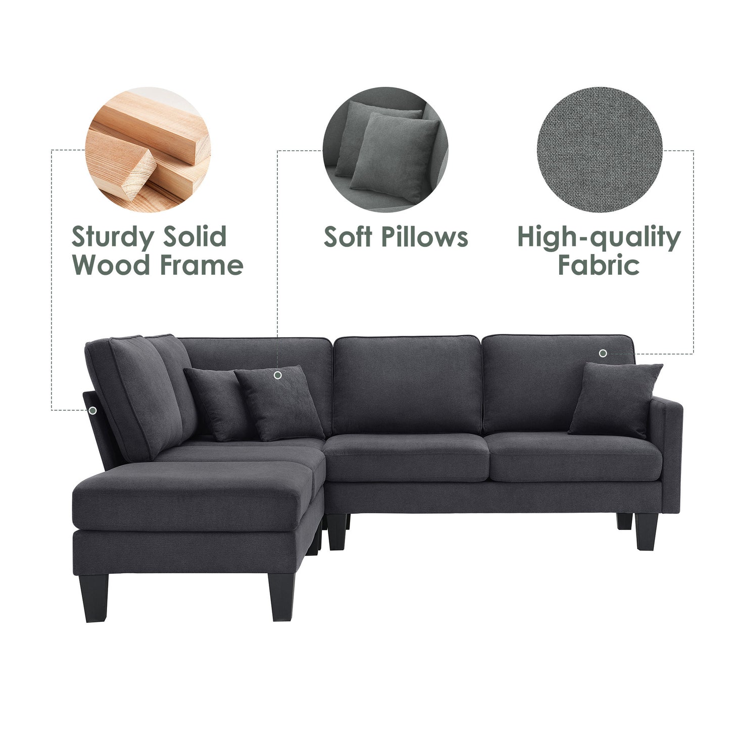 Terrycloth Sectional Sofa, 5-Seat Set, Chaise Lounge, L-Shape, Living Room, Grey