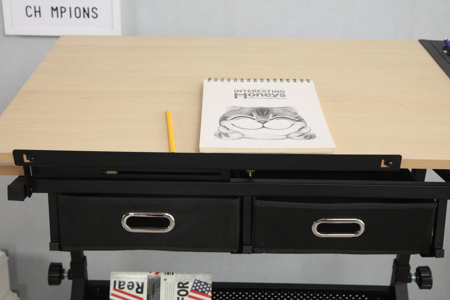 Adjustable drawing drafting table desk, 2 drawers for office
