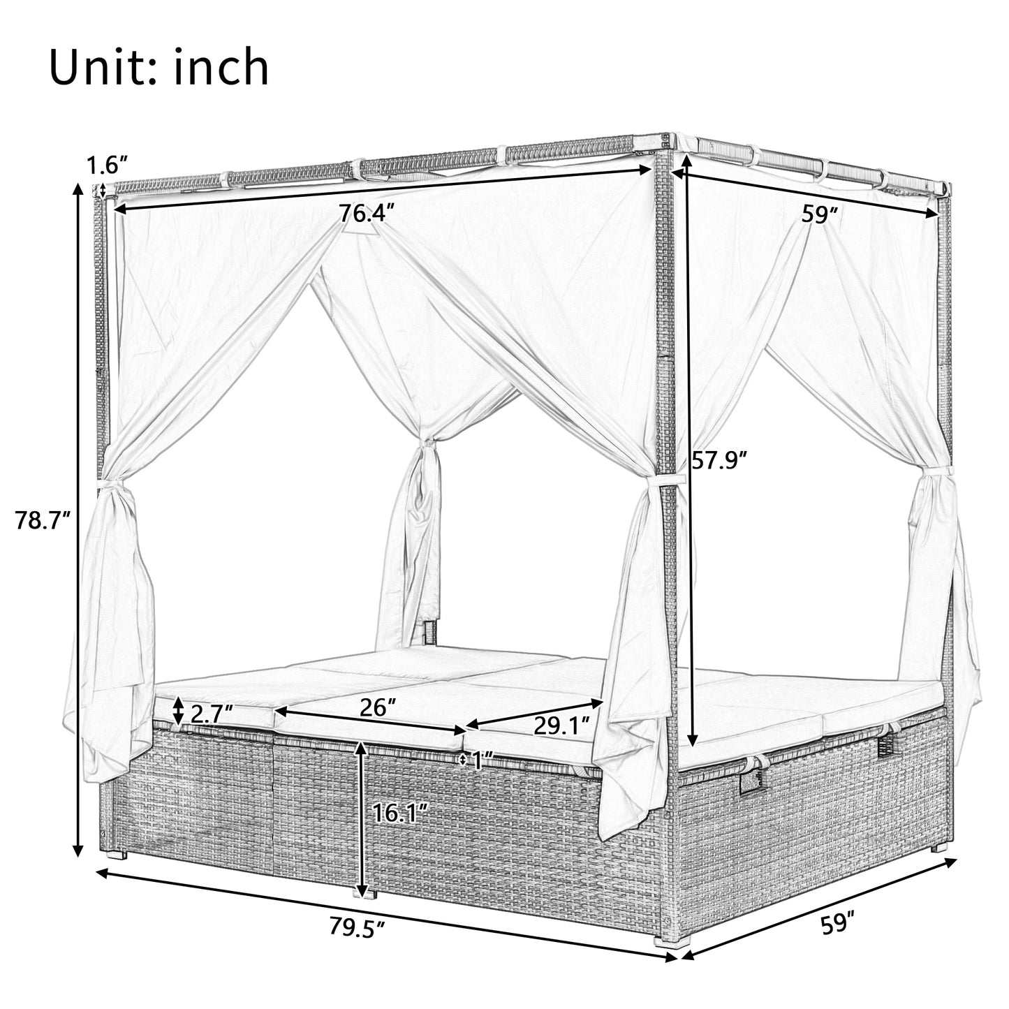 U_Style Adjustable Sun Bed With Curtain, High Comfort