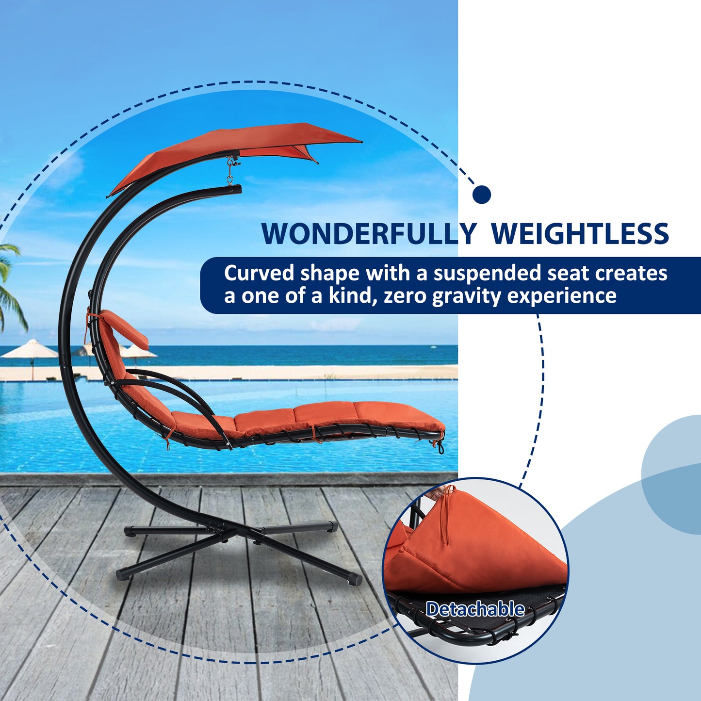 Hanging Chaise Lounger, Removable Canopy, Outdoor Swing Chair