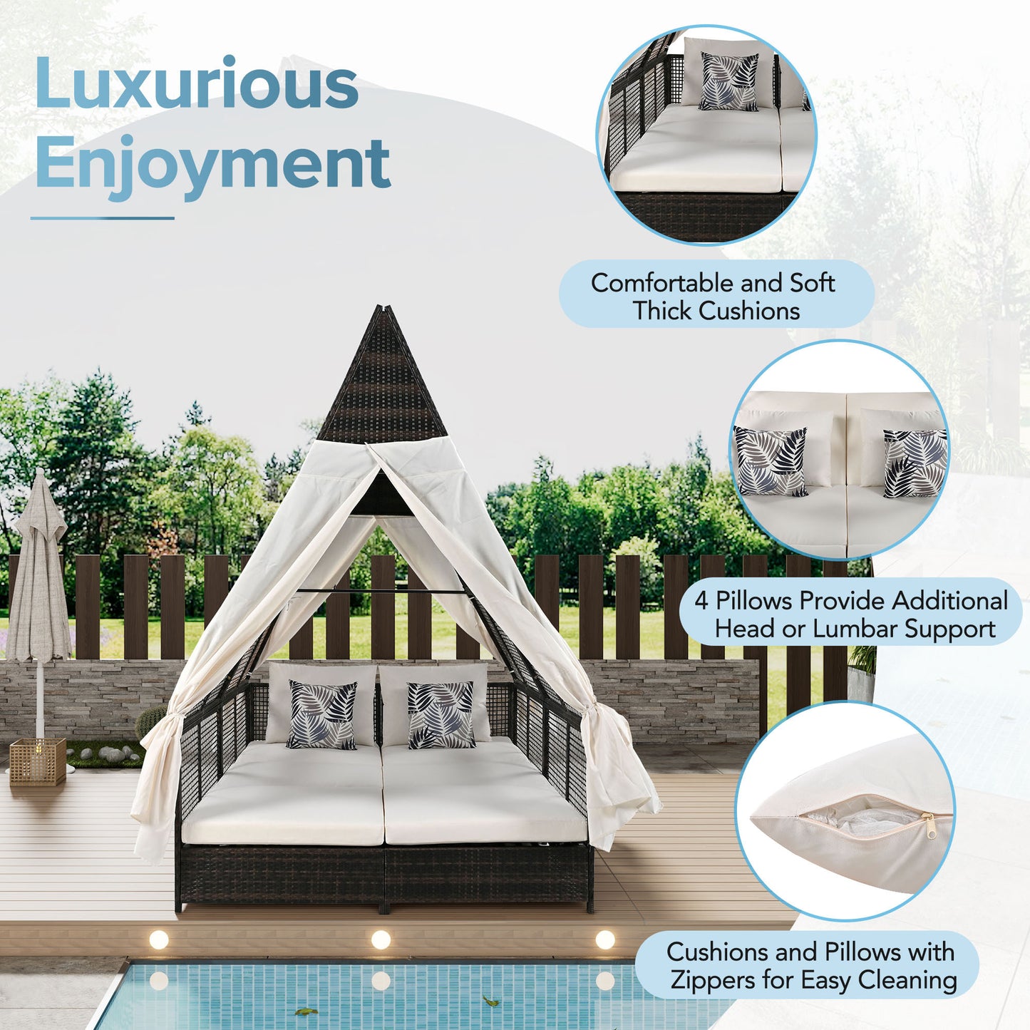 Outdoor Daybed Patio Lounge Bed, Adjustable Backrest