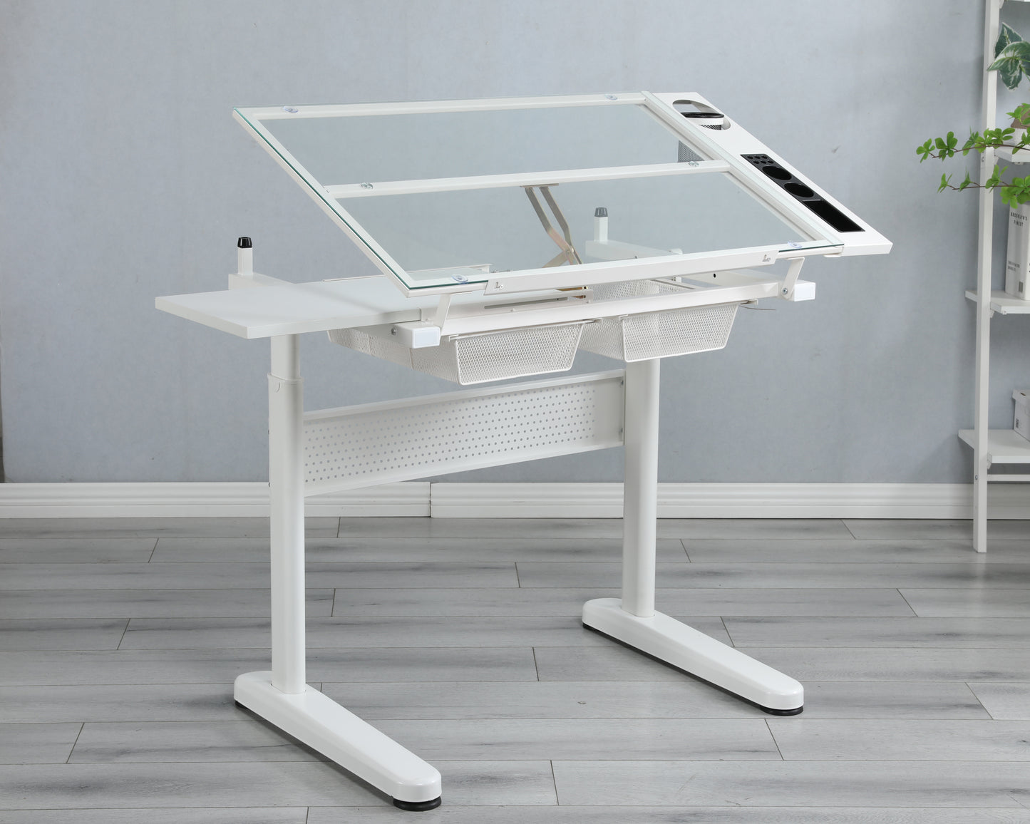 Crank adjustable drafting table drawing desk, 2 metal drawers