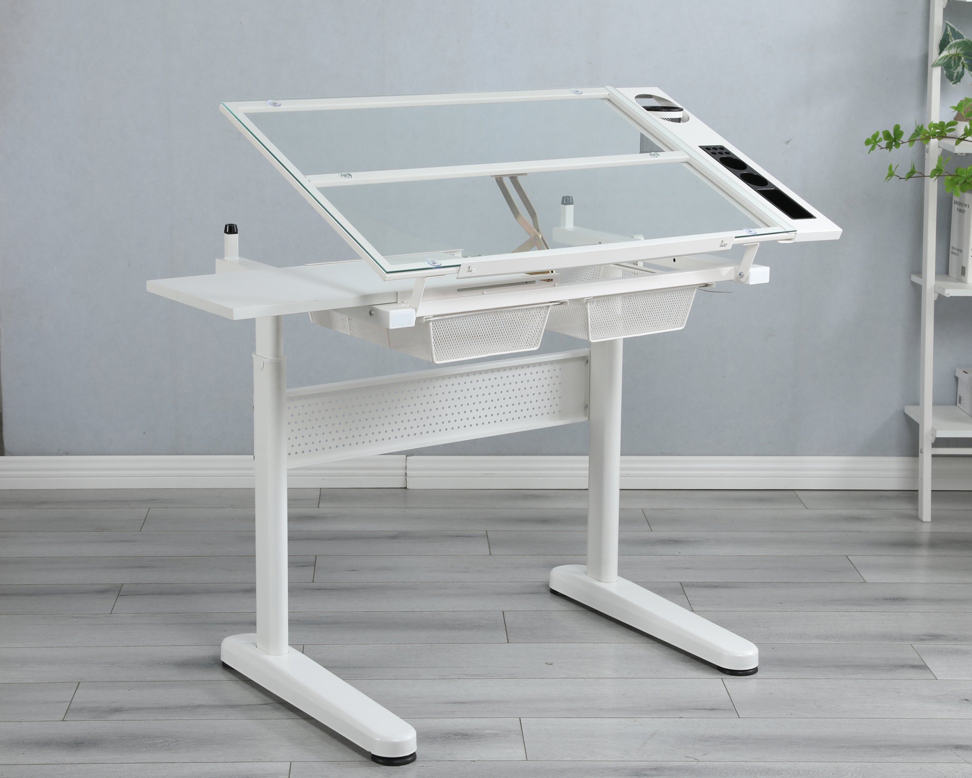 Crank adjustable drafting table drawing desk, 2 metal drawers