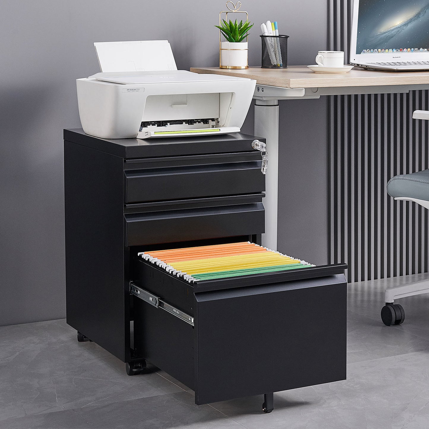 3-Drawer Mobile File Cabinet with Lock, Office Storage
