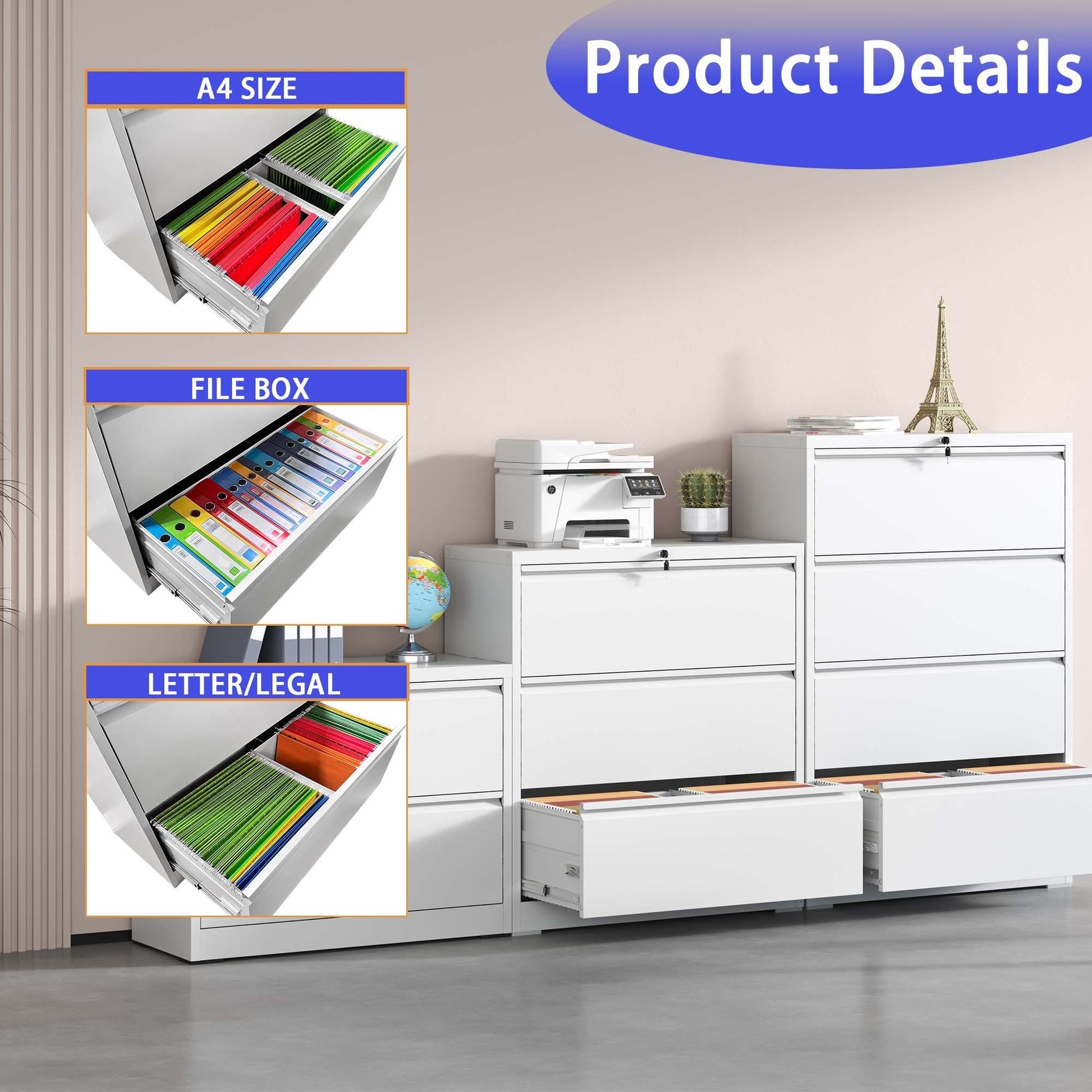 File Cabinet 3 Drawer, White Filing Cabinet Lockable Home Office