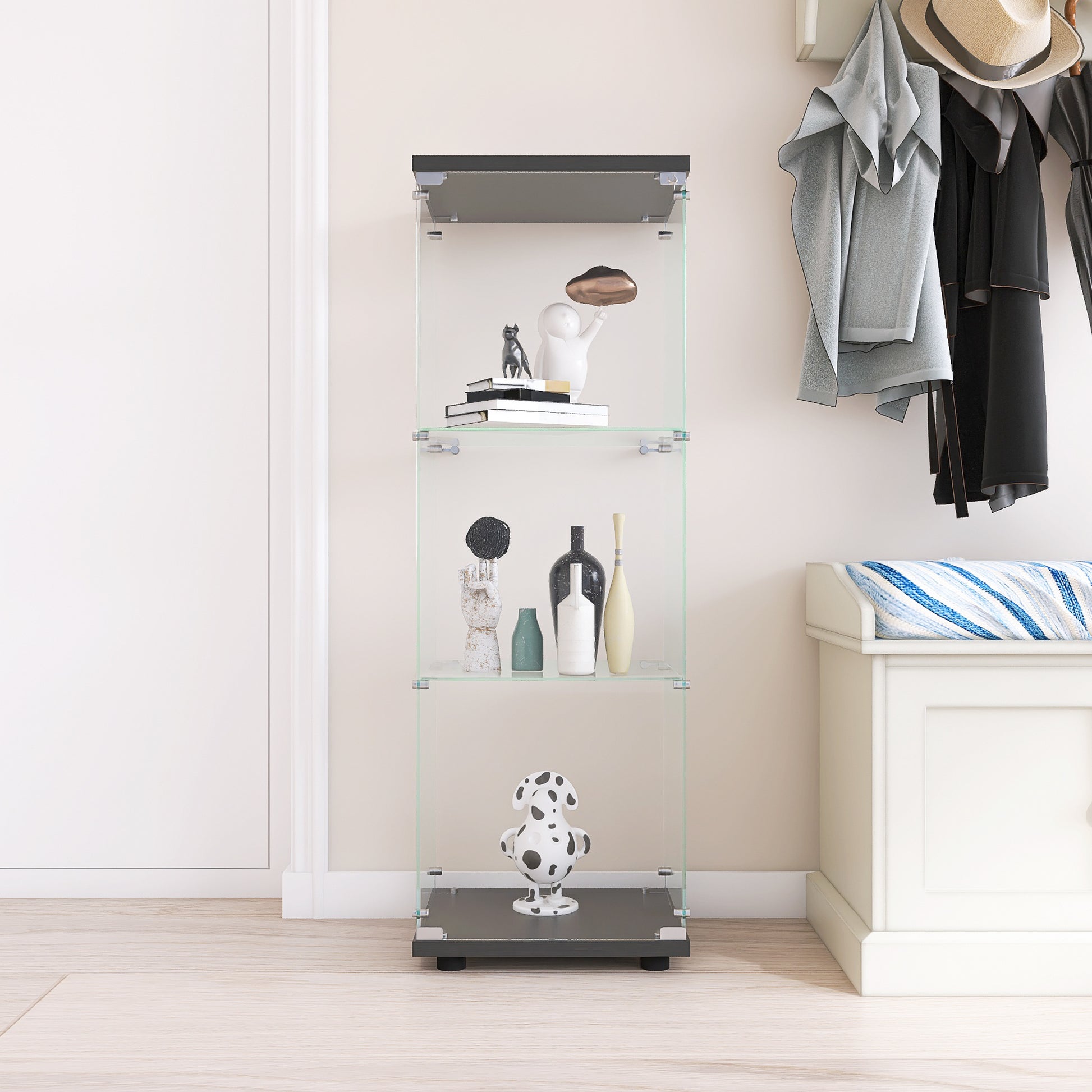 Glass Display Cabinet with 3 Shelves, Quick Installation