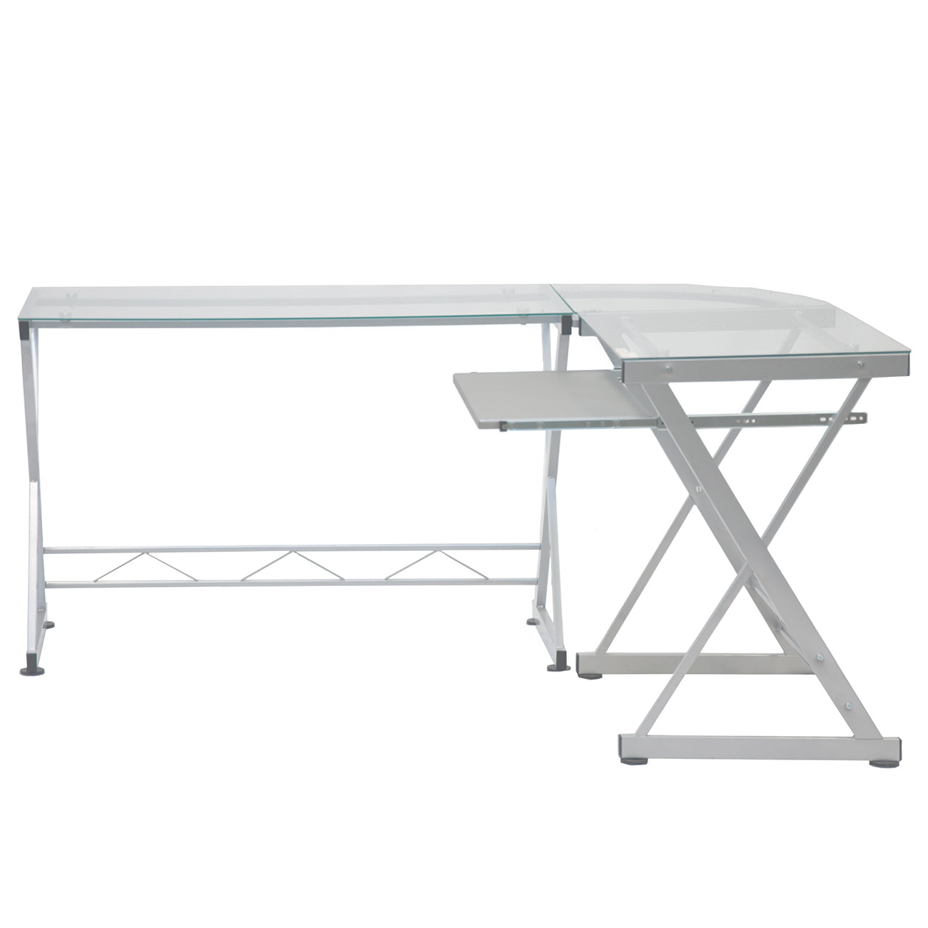 L-Shaped Tempered Glass Top Computer Desk, Pull Out Keyboard Panel