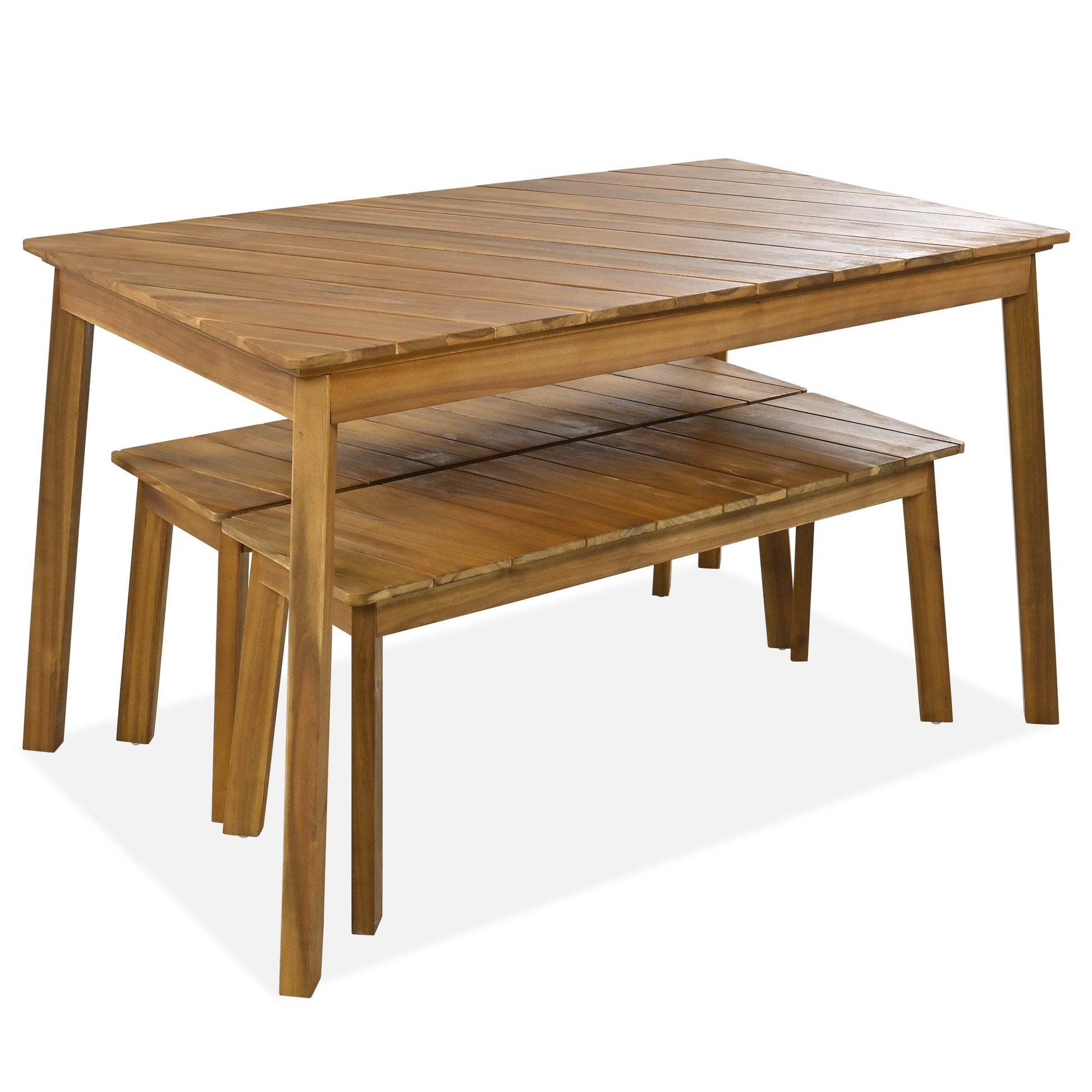 3 Pieces Acacia Wood Table Bench Dining Set For Outdoor & Indoor