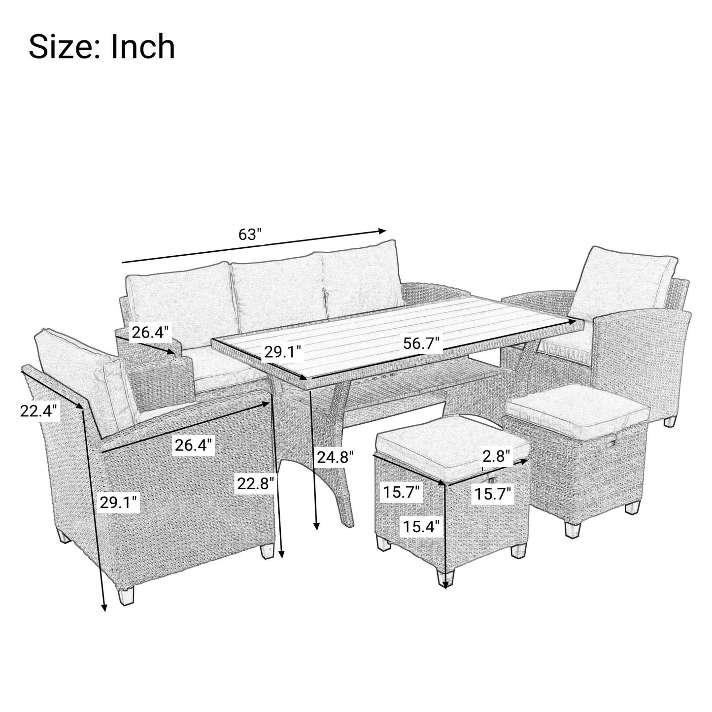 6-Piece Outdoor Wicker Set Patio Sofa, Chair, Stools, Table