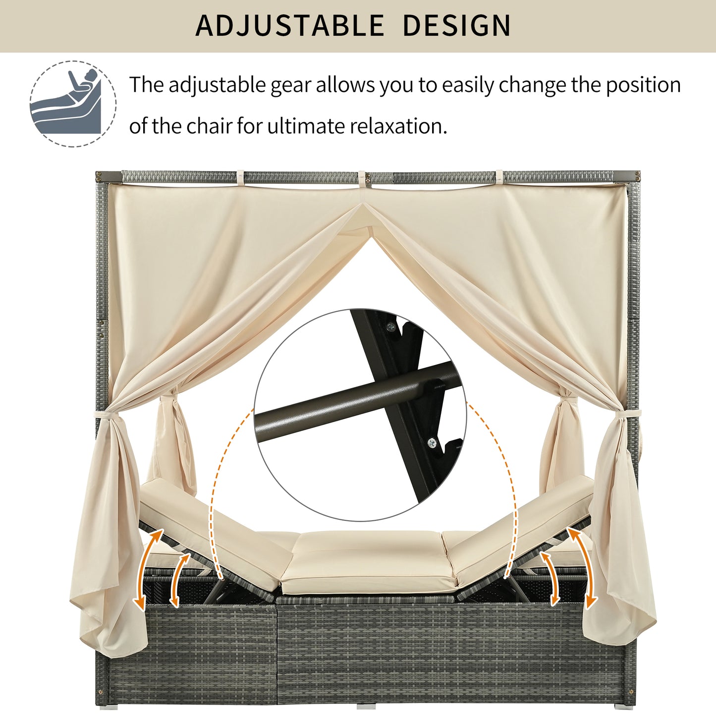 U_Style Adjustable Sun Bed With Curtain, High Comfort