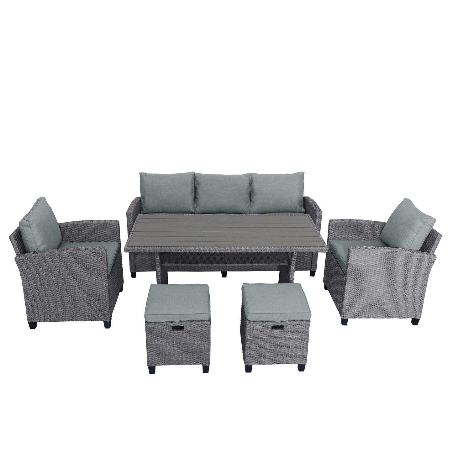 6-Piece Outdoor Wicker Set Patio Sofa, Chair, Stools, Table