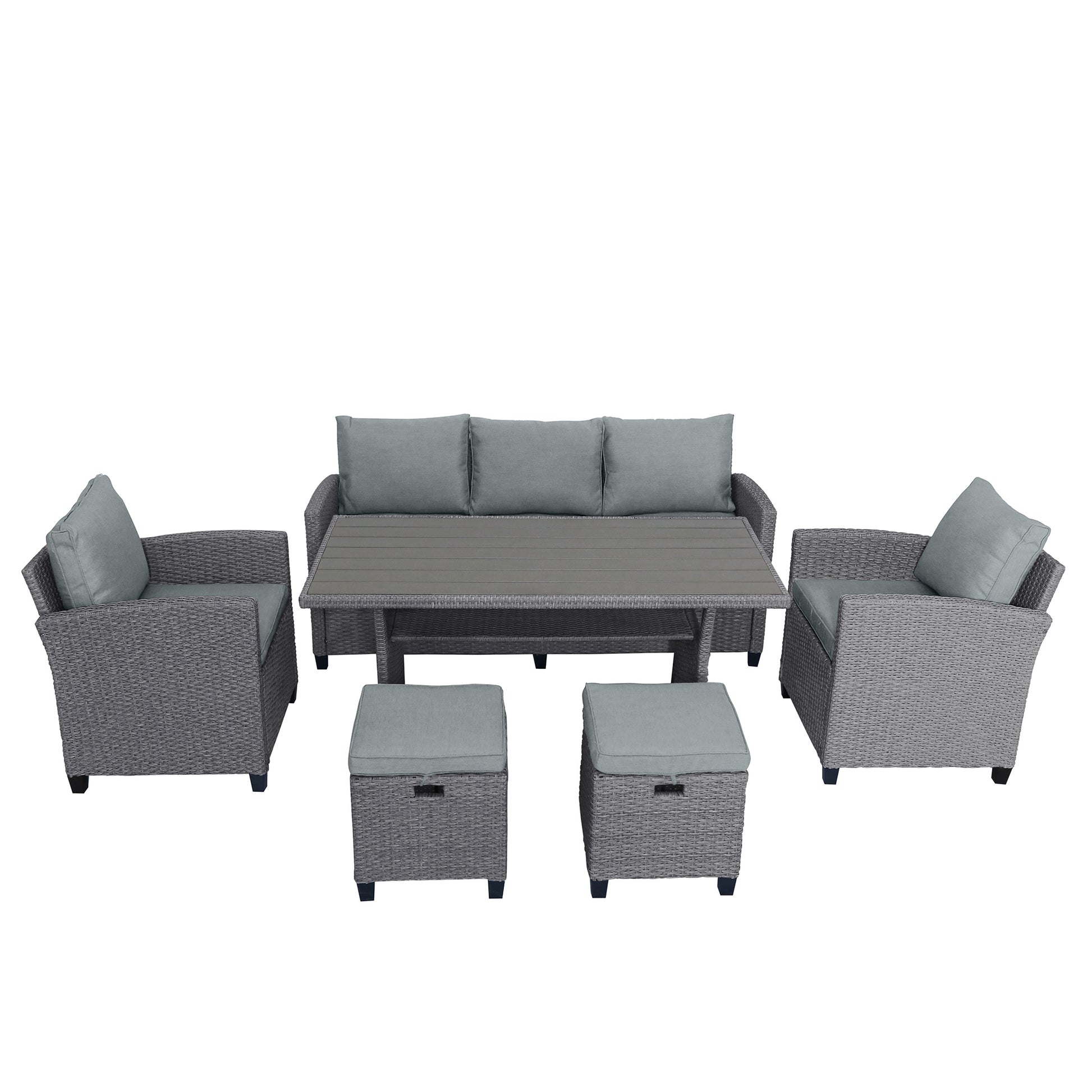6-Piece Outdoor Wicker Set Patio Sofa, Chair, Stools, Table