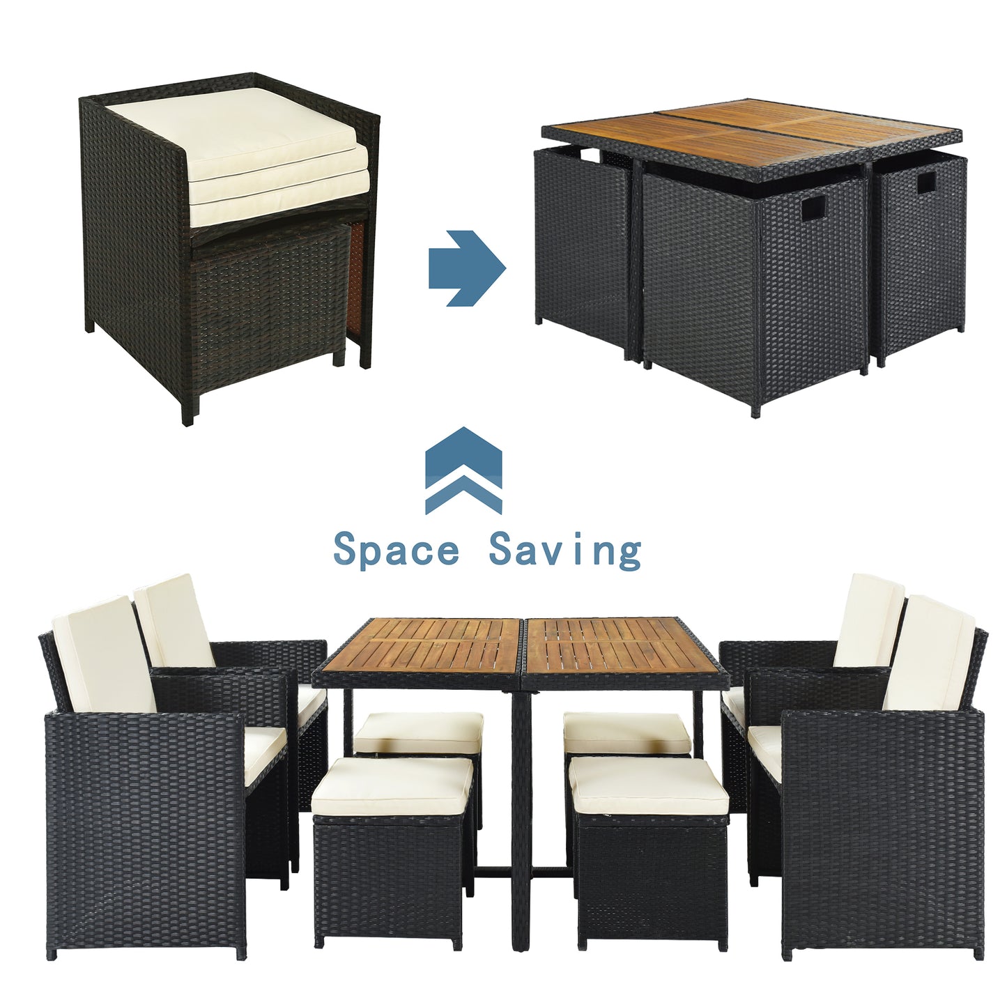 9-Piece Dining Set, Wood Tabletop, Black Rattan, Beige Cushion