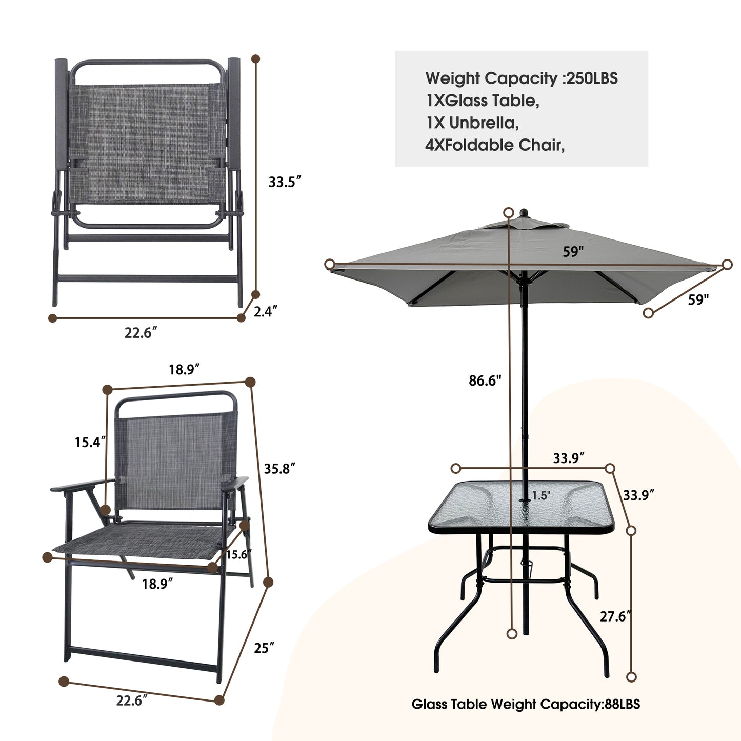 Outdoor Patio Dining Set for 4 People, Table and Chair Set, Umbrella
