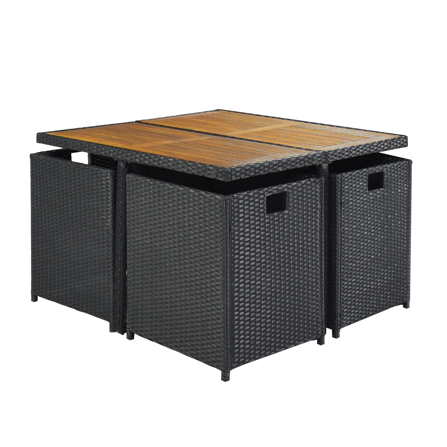 9-Piece Dining Set, Wood Tabletop, Black Rattan, Beige Cushion