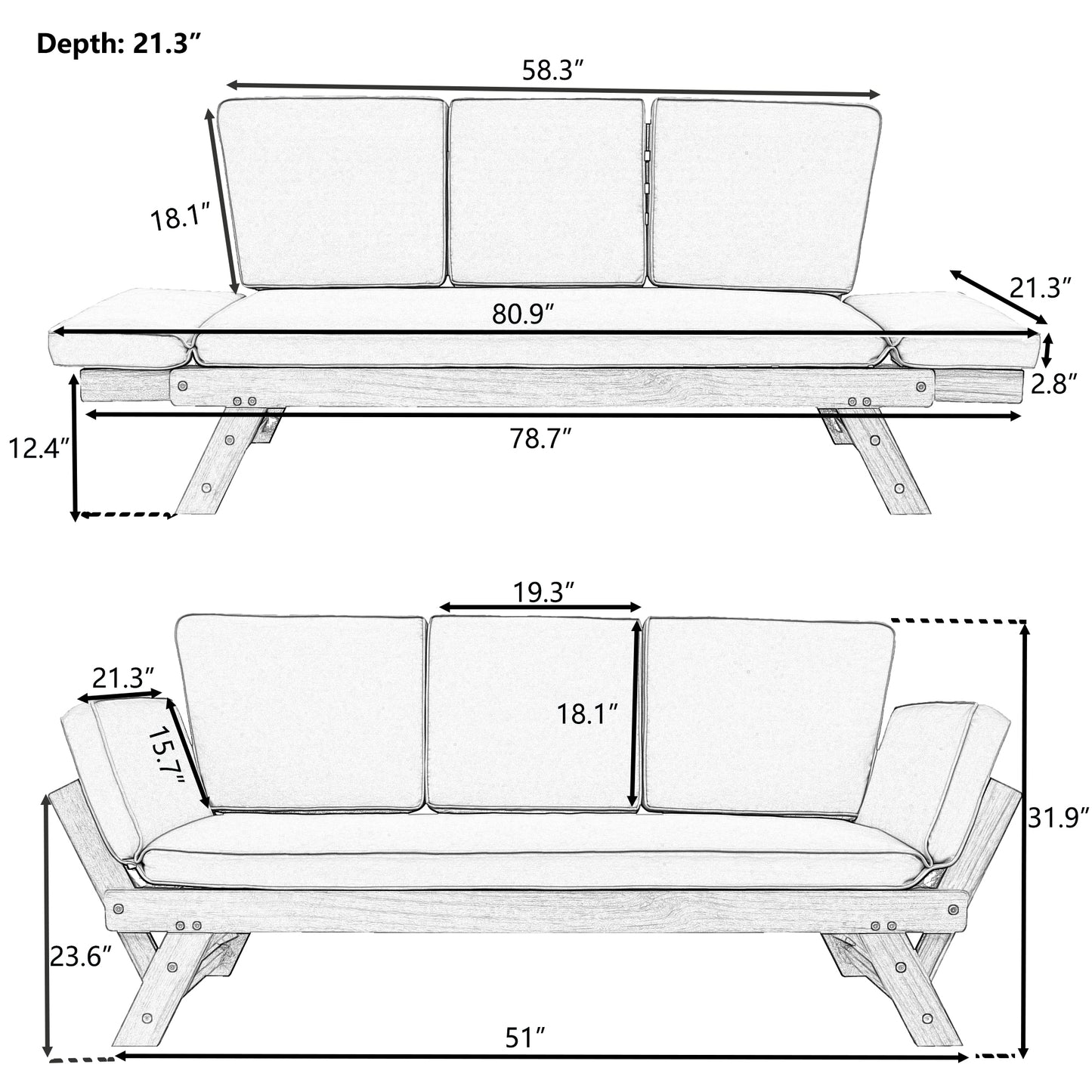 Outdoor Adjustable Patio, Daybed Sofa Chaise Lounge, Cushions