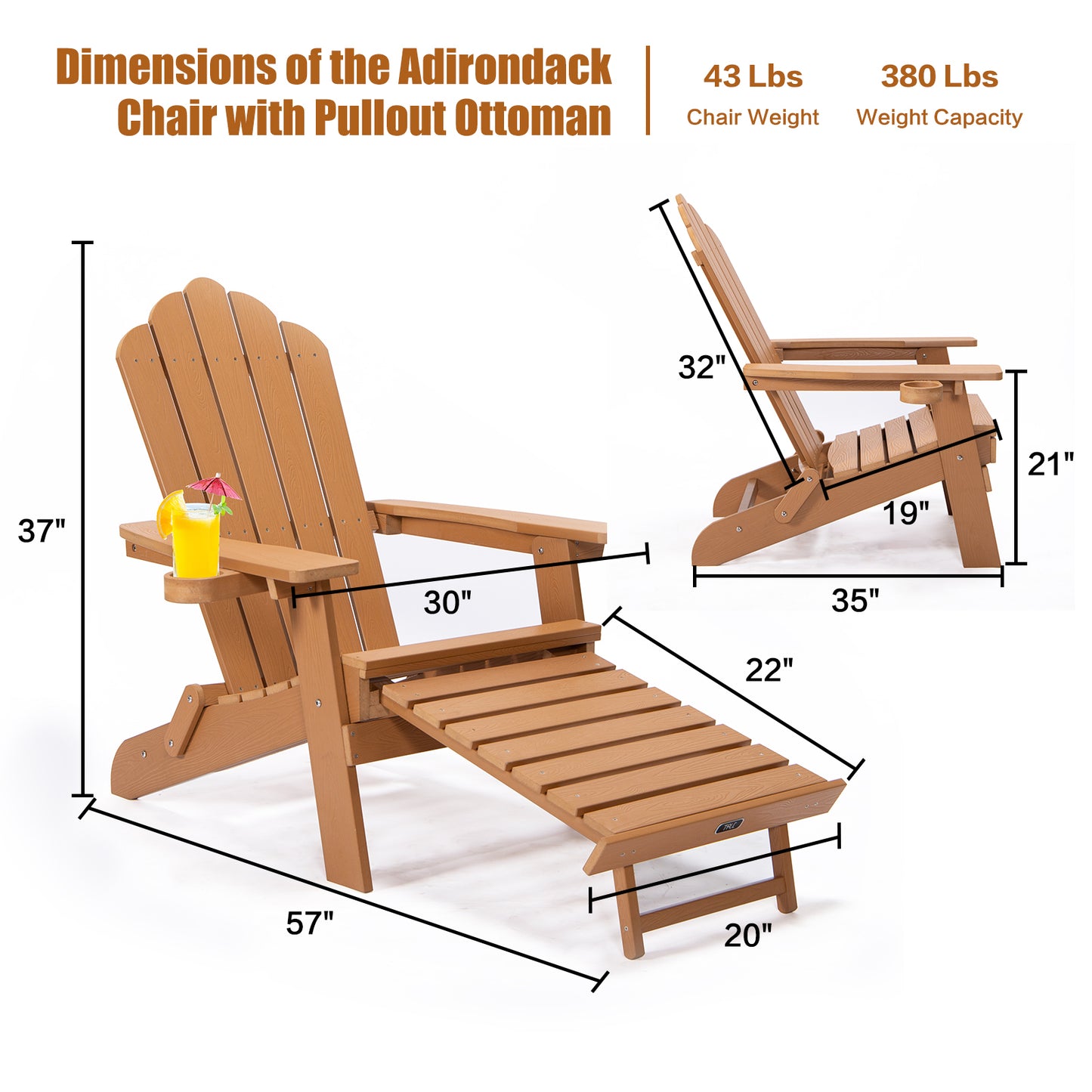 Folding Adirondack Chair with Pullout Ottoman with Cup Holder