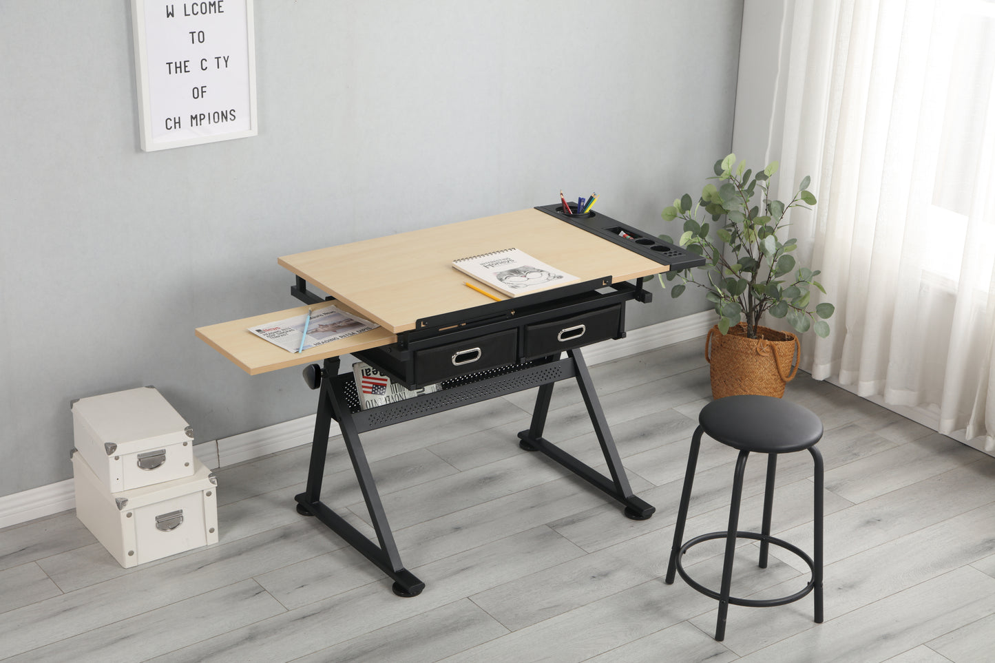 Adjustable drawing drafting table desk, 2 drawers for office