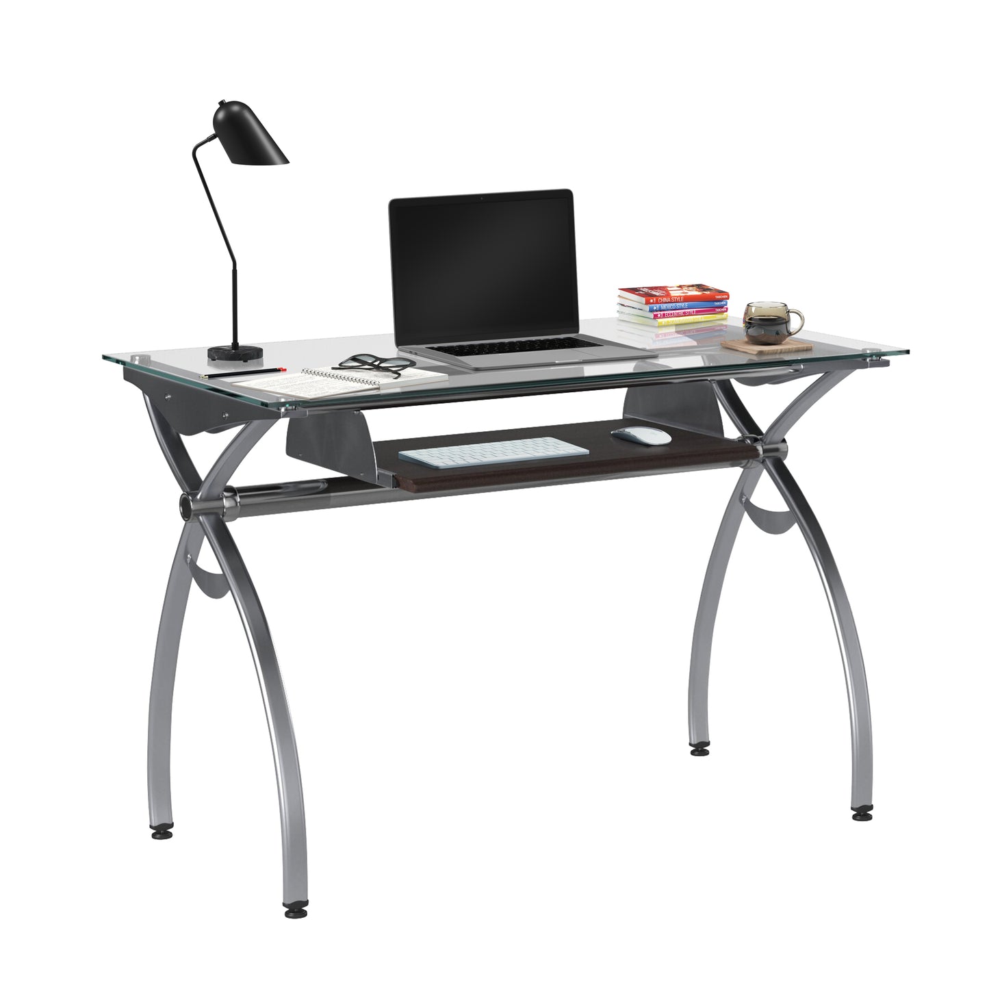 Top Computer Desk with Pull Out Keyboard Panel, Clear
