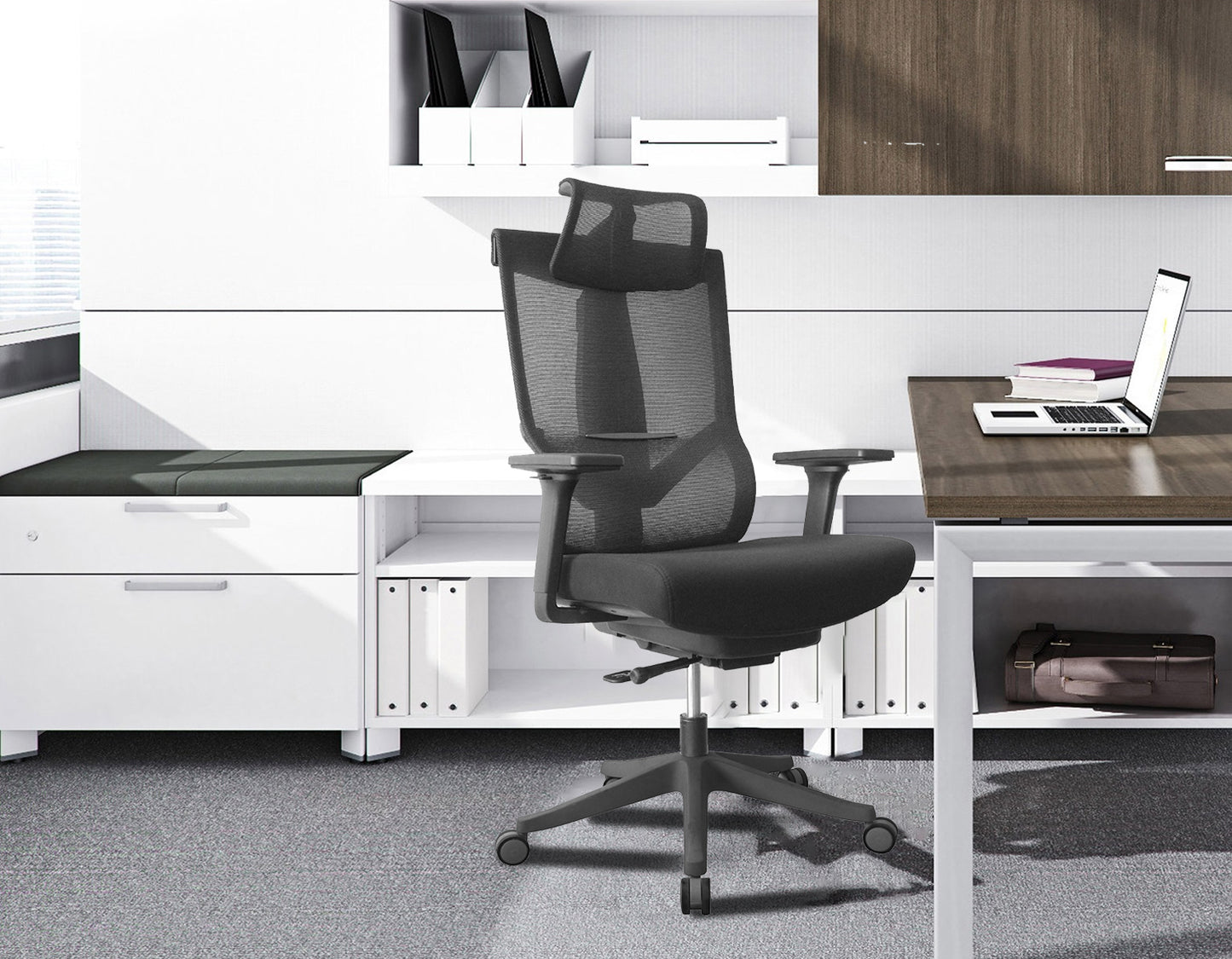 Executive office chair with headrest and 2D armrest