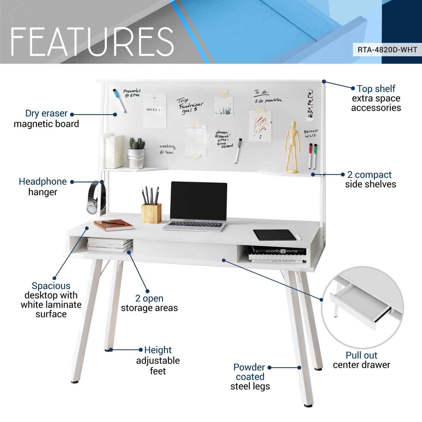 Mobili Study Computer Desk with Storage & Magnetic Dry Erase