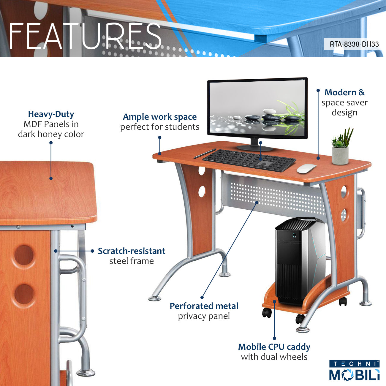 Techni Mobili Modern Computer Desk With Mobile CPU Caddy