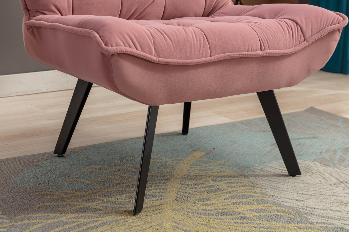 Modern Pink Velvet Accent Chair with Ottoman, Black Legs, Indoor Living