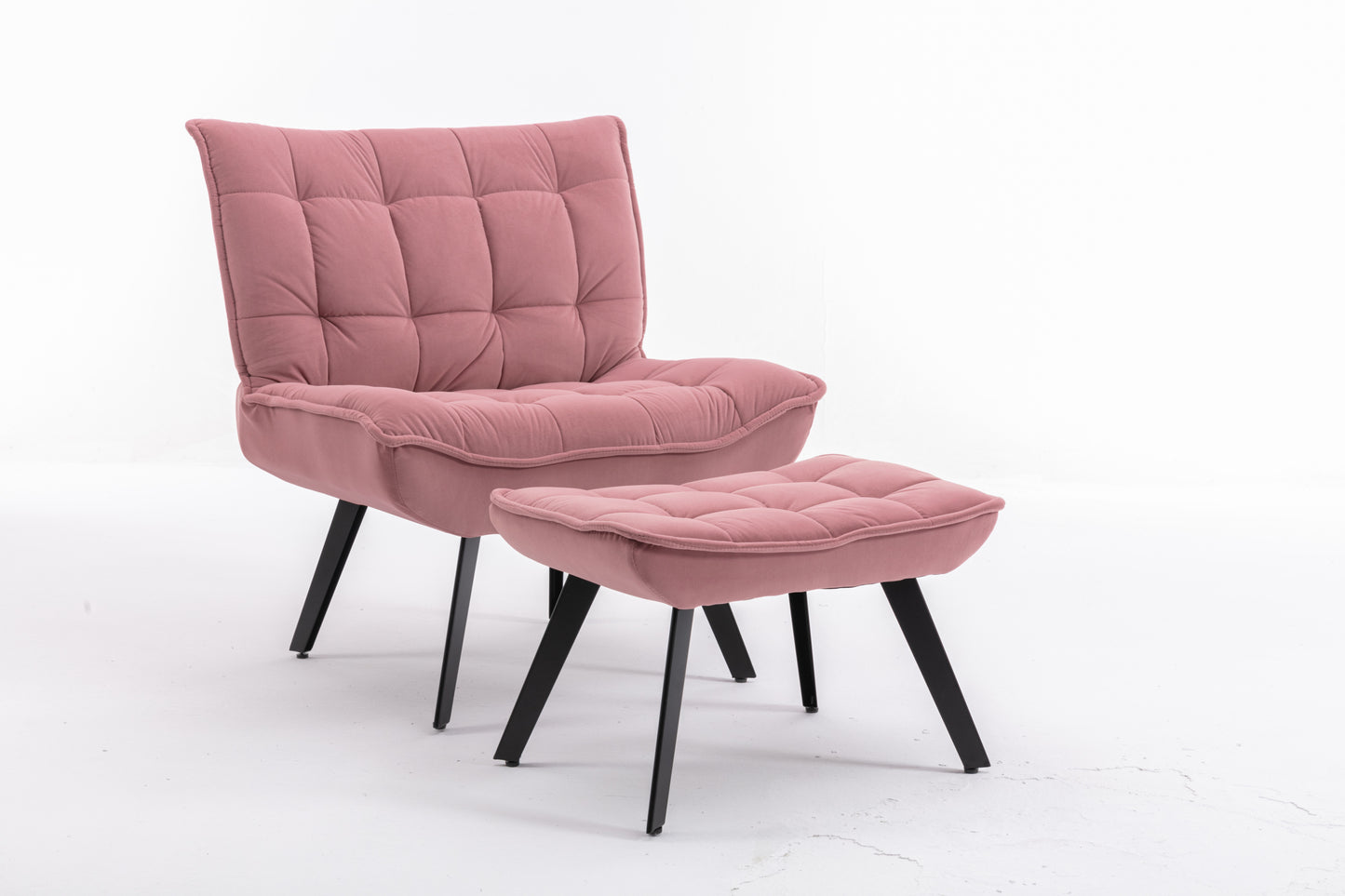 Modern Pink Velvet Accent Chair with Ottoman, Black Legs, Indoor Living
