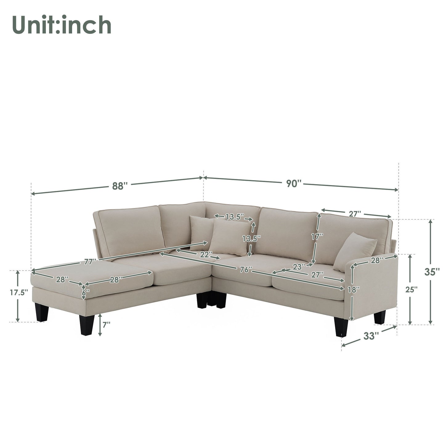 Sectional Sofa, 5-Seat Set, Chaise Lounge, Living Room,