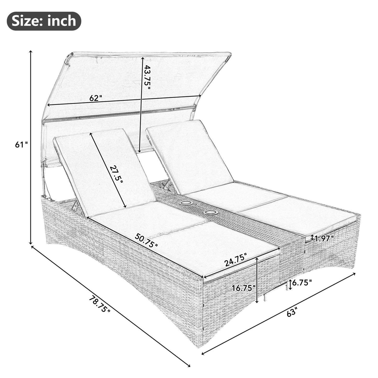 Patio Daybed Outdoor Daybed, Shelter Roof, Adjustable Backrest, Storage Box