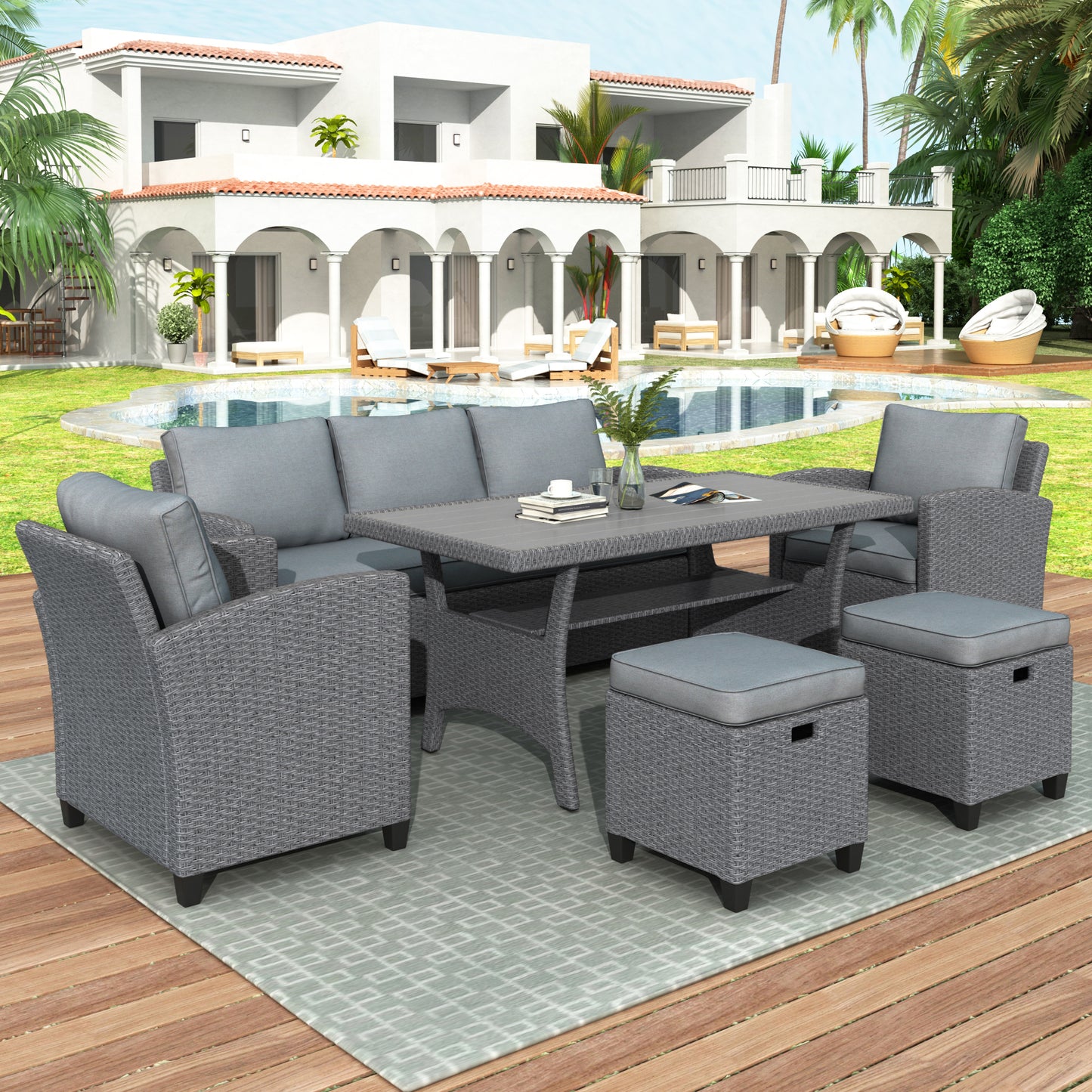 6-Piece Outdoor Wicker Set Patio Sofa, Chair, Stools, Table