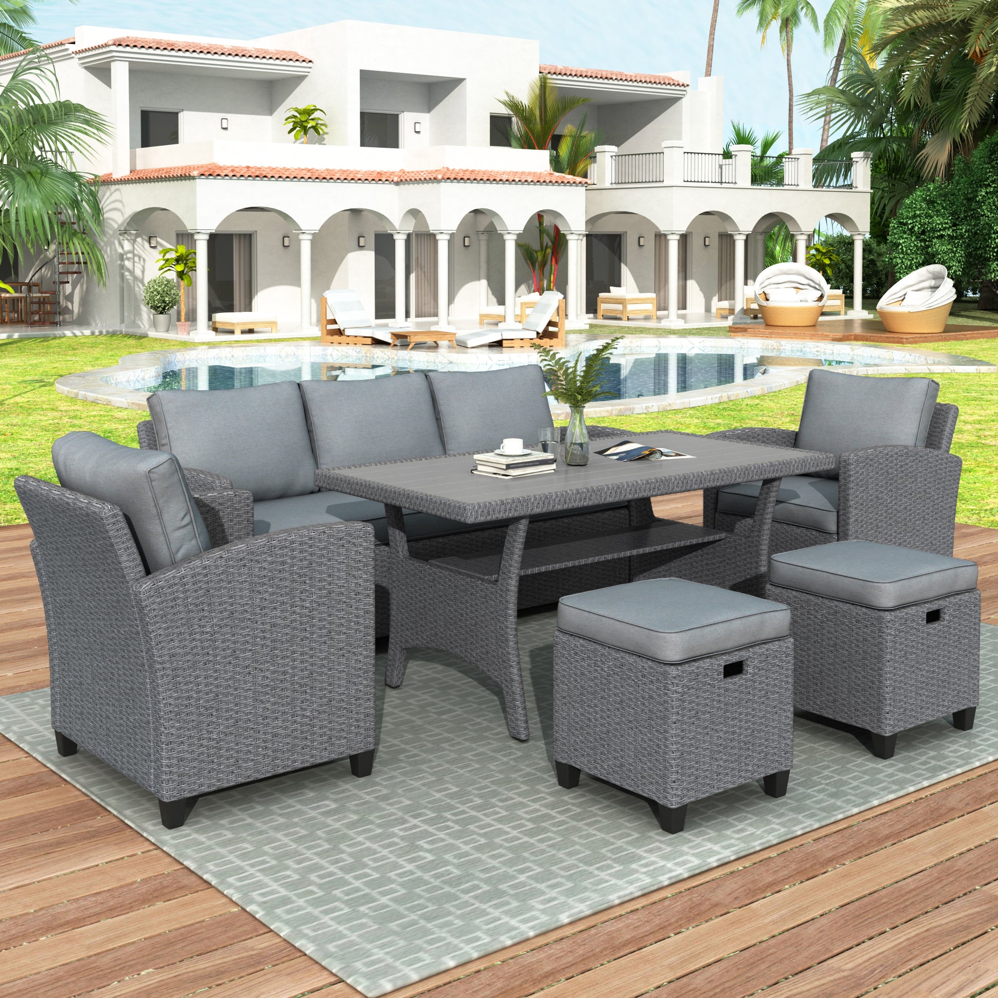6-Piece Outdoor Wicker Set Patio Sofa, Chair, Stools, Table