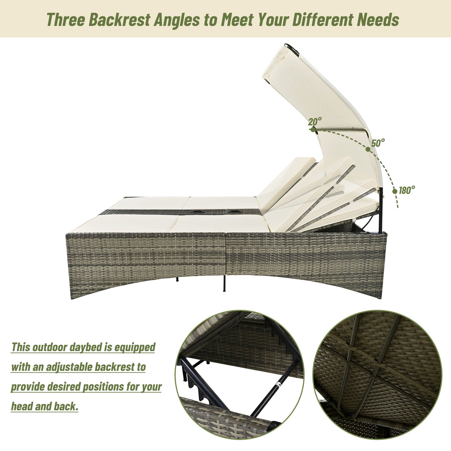 Patio Daybed Outdoor Daybed, Shelter Roof, Adjustable Backrest, Storage Box