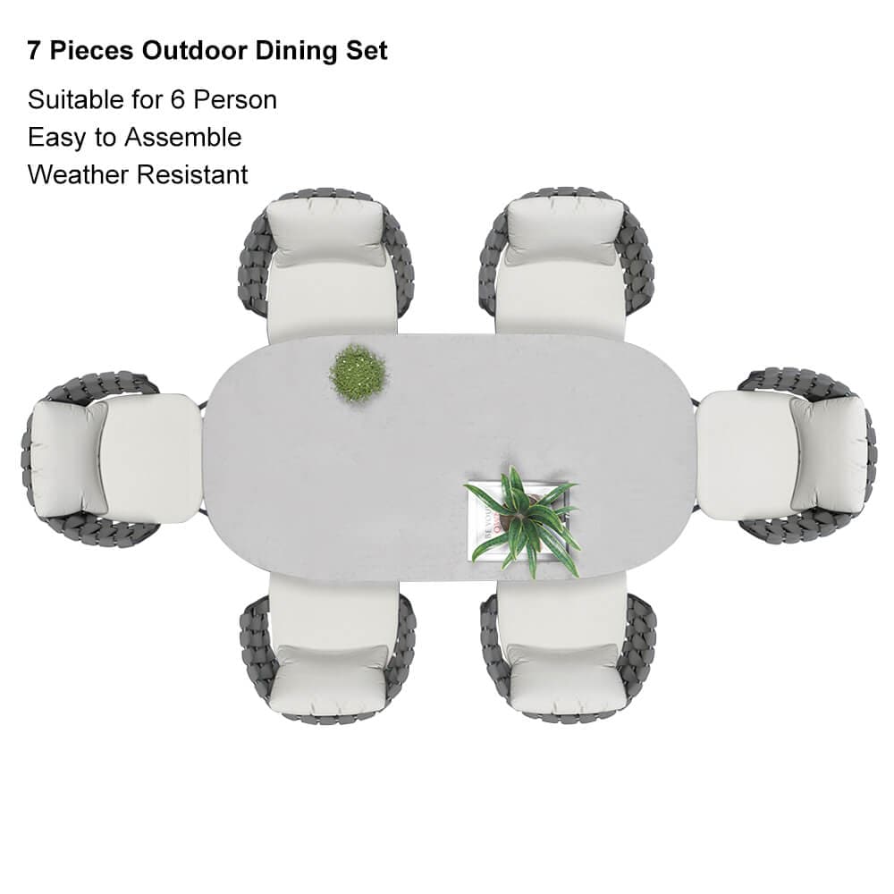 7 Pieces Outdoor Dining Set with Faux Marble Top & Aluminum Table