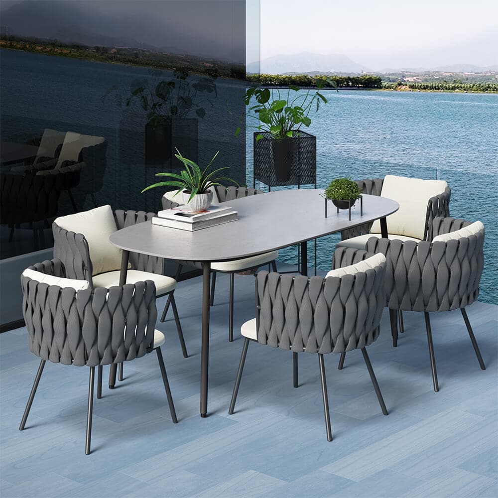 7 Pieces Outdoor Dining Set with Faux Marble Top & Aluminum Table