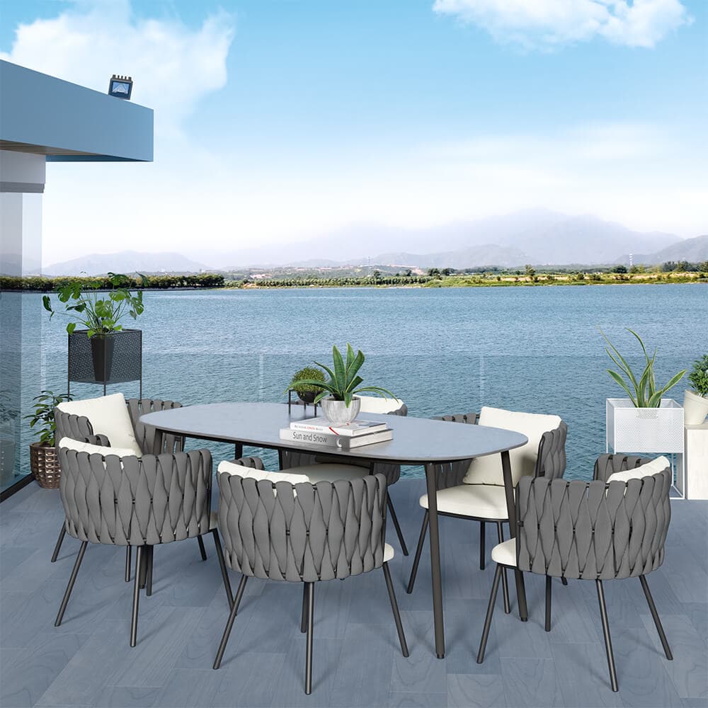 7 Pieces Outdoor Dining Set with Faux Marble Top & Aluminum Table