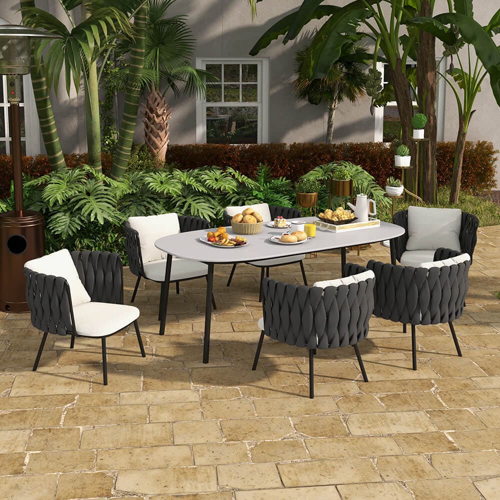 7 Pieces Outdoor Dining Set with Faux Marble Top & Aluminum Table