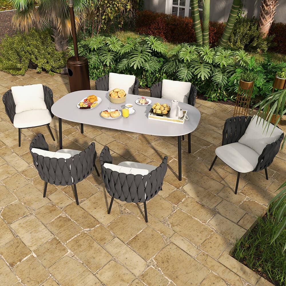 7 Pieces Outdoor Dining Set with Faux Marble Top & Aluminum Table