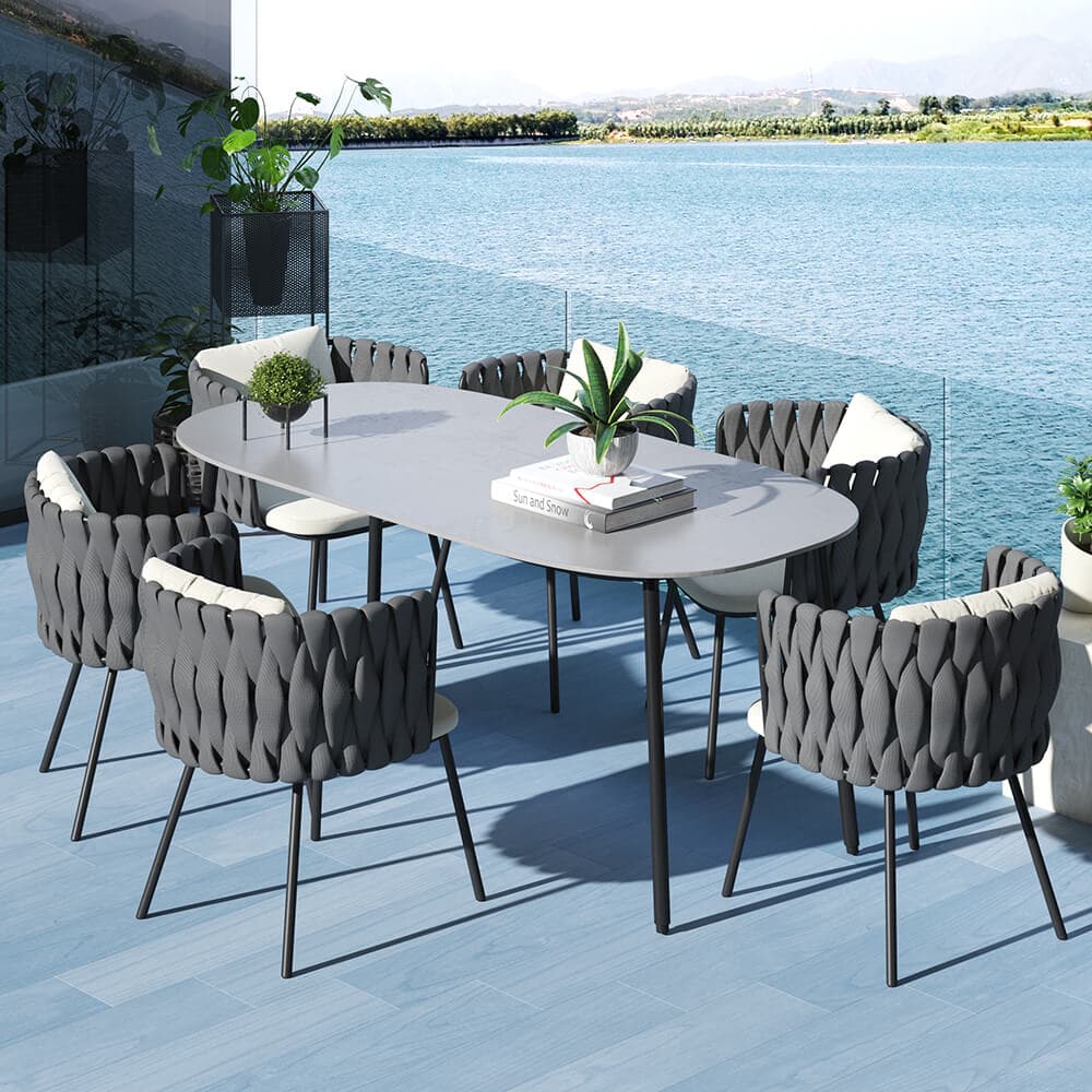 7 Pieces Outdoor Dining Set with Faux Marble Top & Aluminum Table