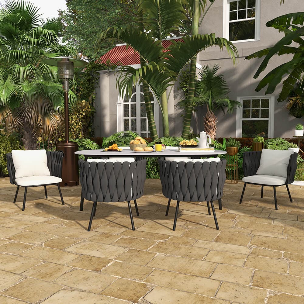 7 Pieces Outdoor Dining Set with Faux Marble Top & Aluminum Table