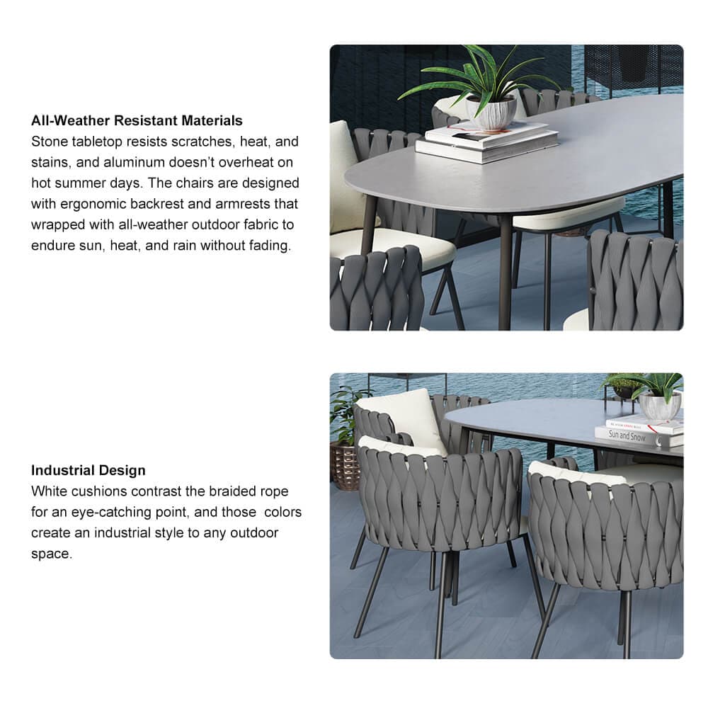 7 Pieces Outdoor Dining Set with Faux Marble Top & Aluminum Table
