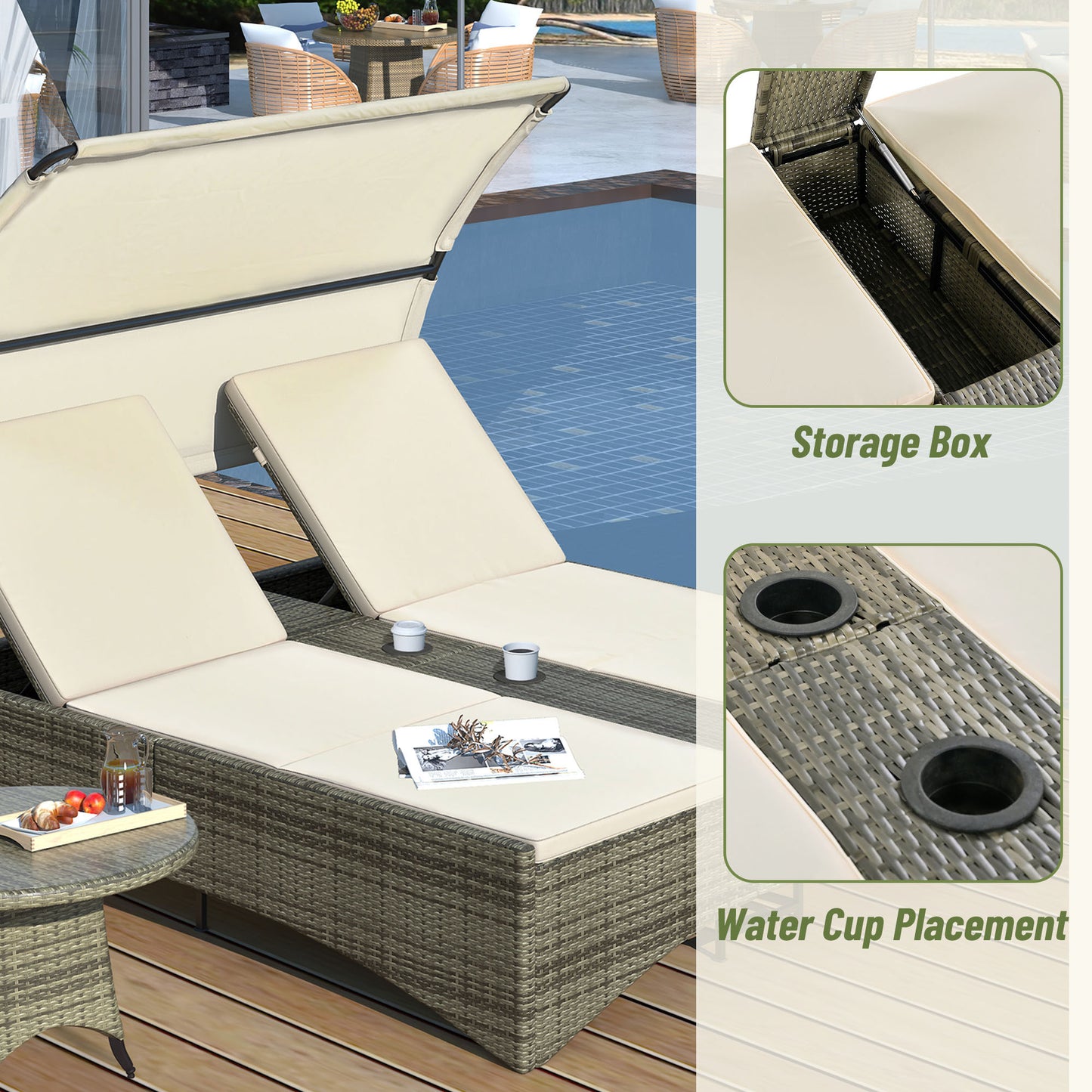 Patio Daybed Outdoor Daybed, Shelter Roof, Adjustable Backrest, Storage Box